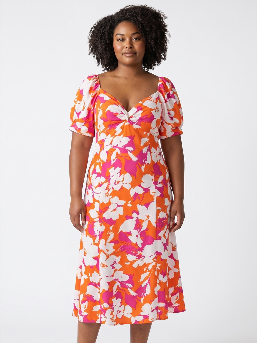 Emma & Michele Pink and Orange Floral Twist-Front Puff Sleeve Dress